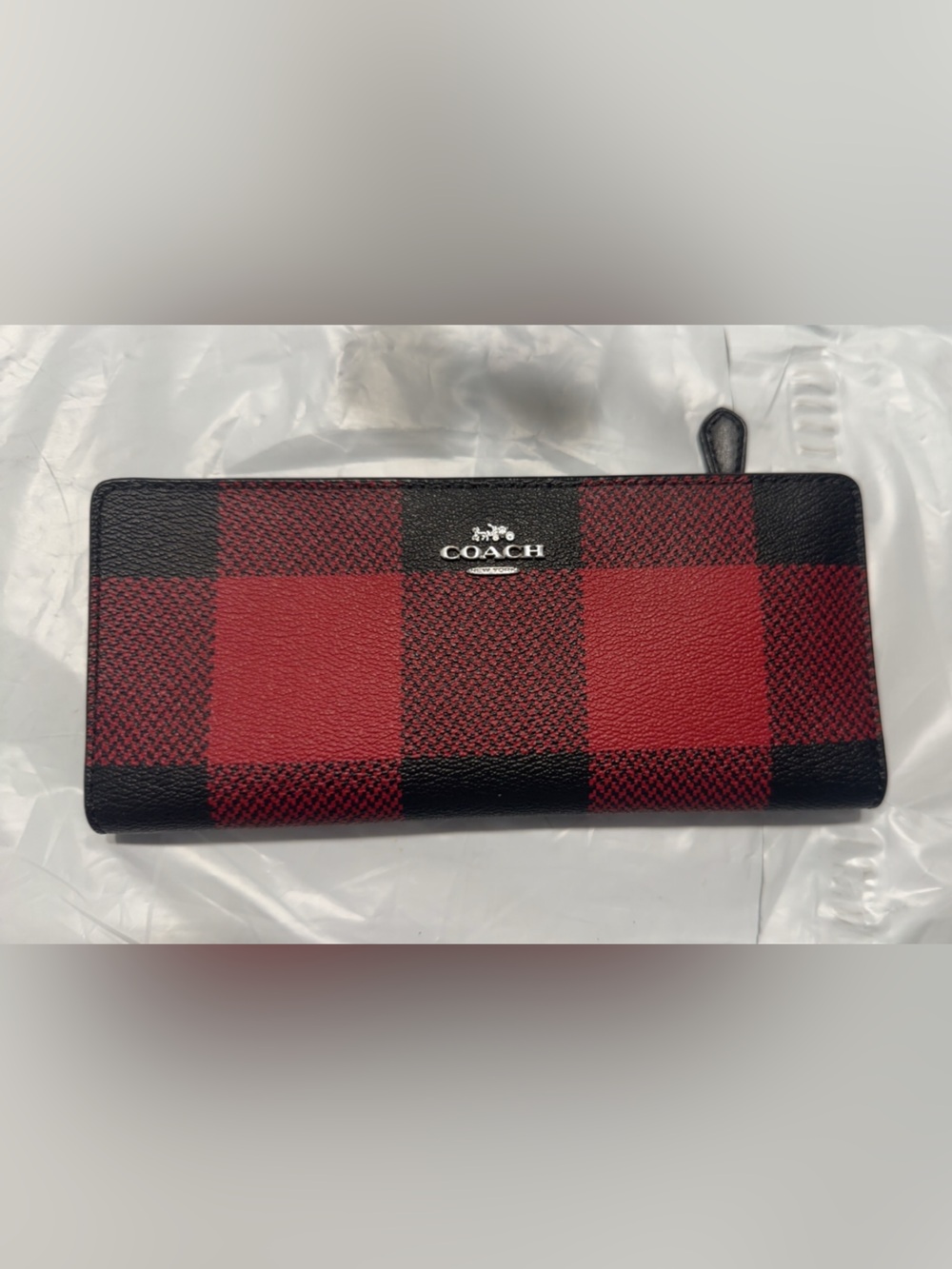 COACH Red and Black Buffalo Check Zip Wallet